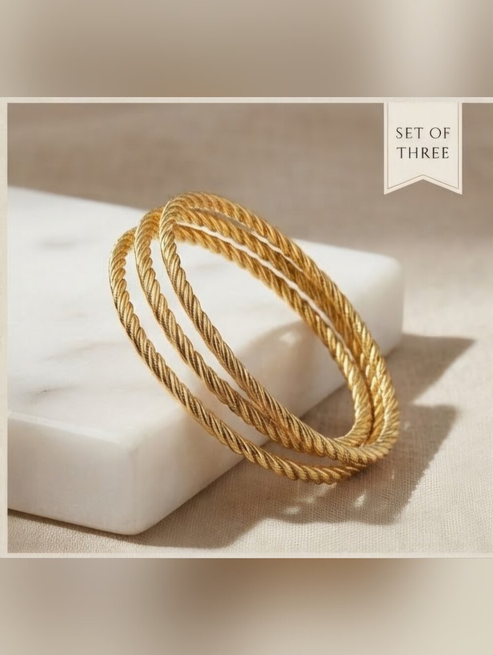 Solid Stainless Steel Gold-Tone Twisted Rope Bangle Set of Three
